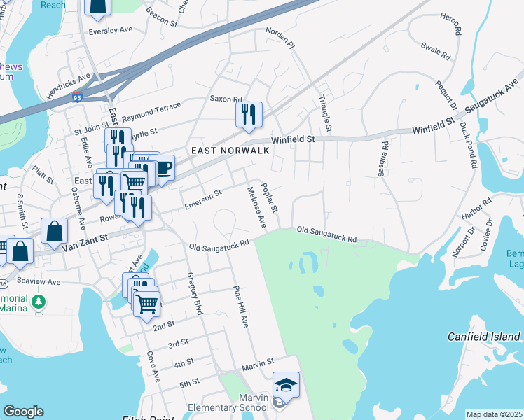 map of restaurants, bars, coffee shops, grocery stores, and more near 18 Melrose Avenue in Norwalk