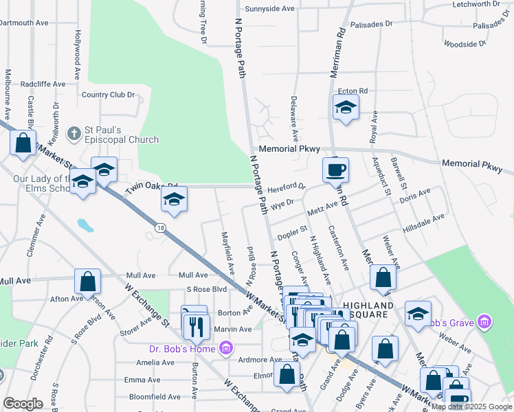 map of restaurants, bars, coffee shops, grocery stores, and more near 208 North Portage Path in Akron