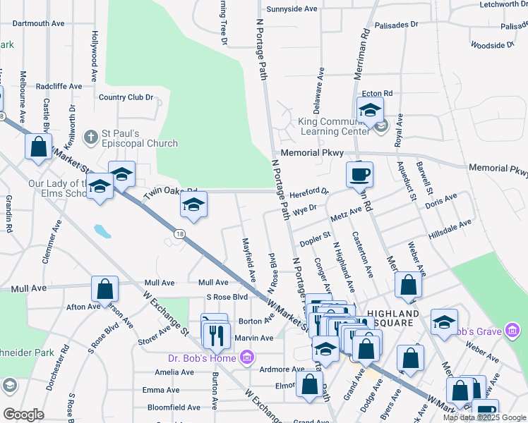 map of restaurants, bars, coffee shops, grocery stores, and more near 135 North Rose Boulevard in Akron