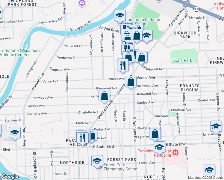 map of restaurants, bars, coffee shops, grocery stores, and more near 1526-1534 Glenwood Avenue in Fort Wayne
