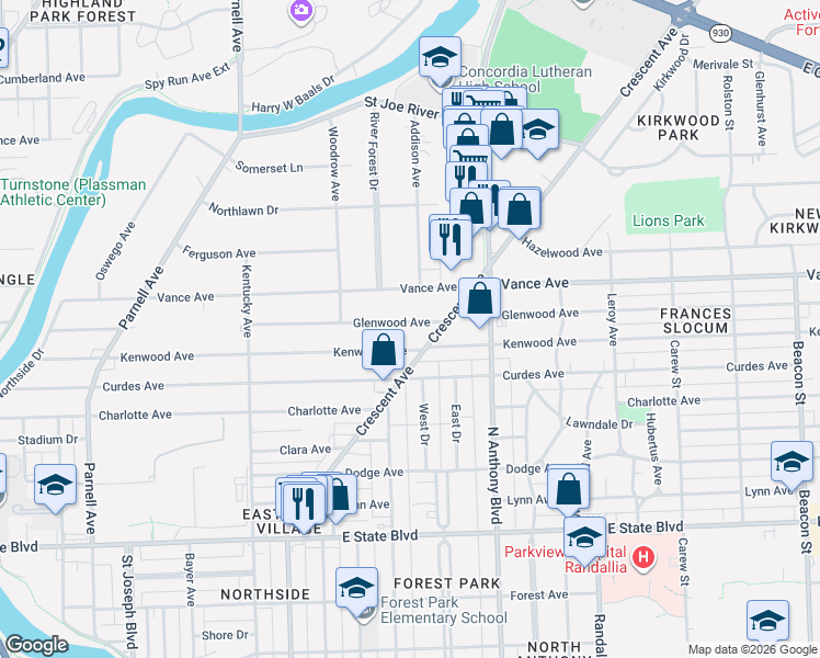 map of restaurants, bars, coffee shops, grocery stores, and more near 1526-1534 Glenwood Avenue in Fort Wayne