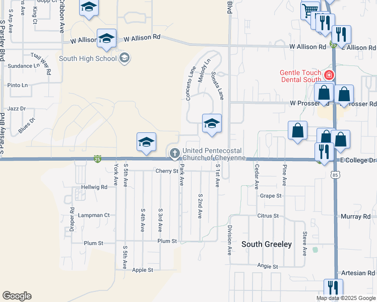 map of restaurants, bars, coffee shops, grocery stores, and more near 940 West College Drive in Cheyenne