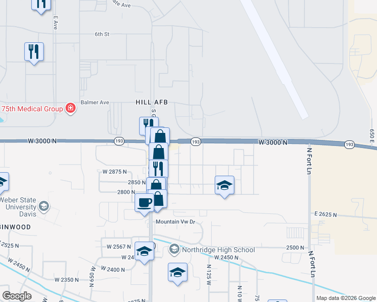 map of restaurants, bars, coffee shops, grocery stores, and more near 180 Cushing Way in Layton