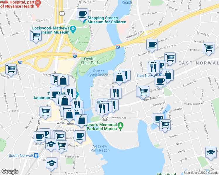 map of restaurants, bars, coffee shops, grocery stores, and more near 13 South Smith Street in Norwalk