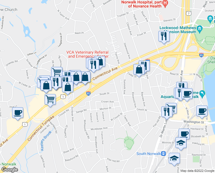 map of restaurants, bars, coffee shops, grocery stores, and more near 13 Church Street in Norwalk