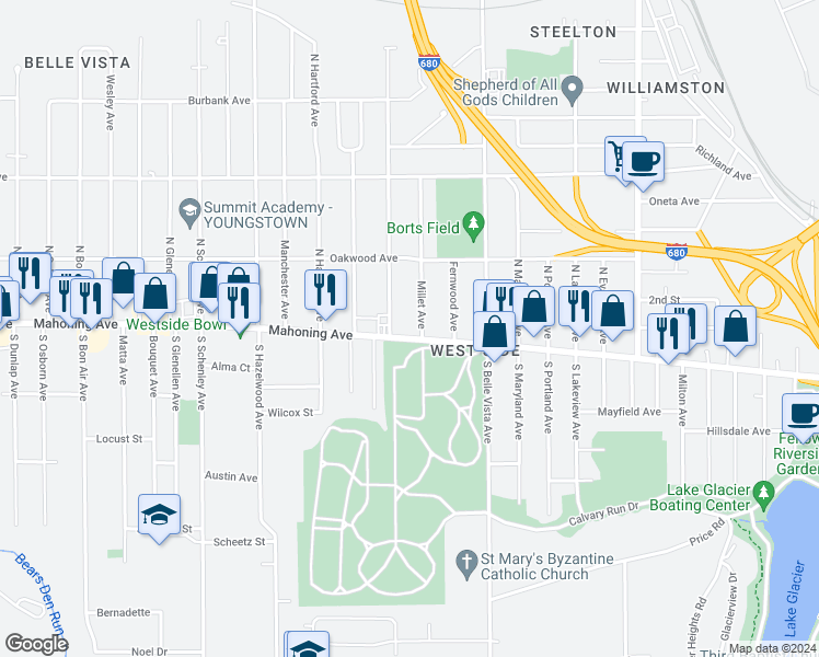 map of restaurants, bars, coffee shops, grocery stores, and more near 2110 Mahoning Avenue in Youngstown