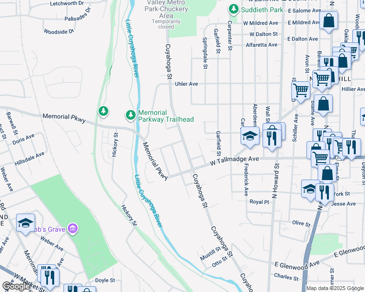 map of restaurants, bars, coffee shops, grocery stores, and more near 464 Cuyahoga Street in Akron