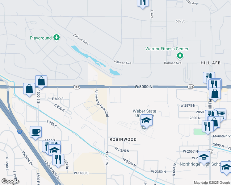 map of restaurants, bars, coffee shops, grocery stores, and more near 2954 1150 West in Layton