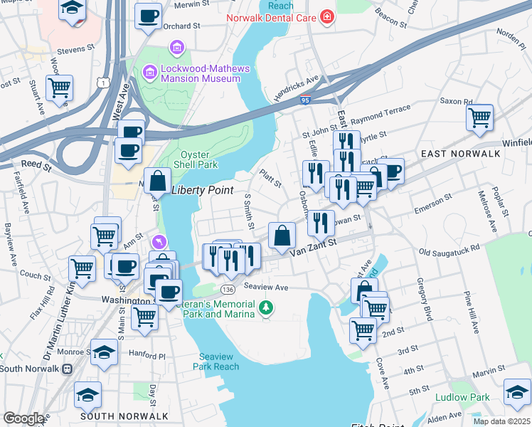 map of restaurants, bars, coffee shops, grocery stores, and more near 4 Reynolds Street in Norwalk