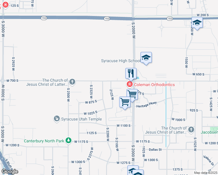 map of restaurants, bars, coffee shops, grocery stores, and more near 748 South 2125 West in Syracuse