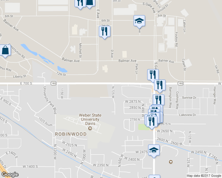 map of restaurants, bars, coffee shops, grocery stores, and more near 2955 North 725 West in Layton