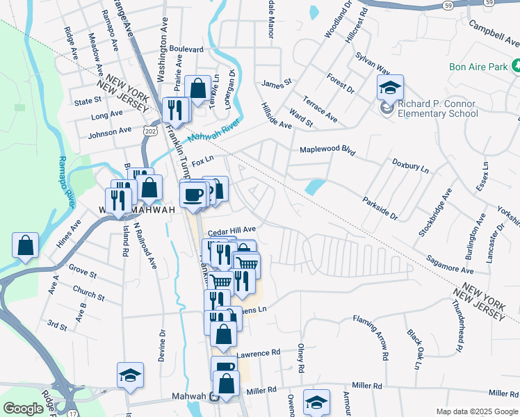 map of restaurants, bars, coffee shops, grocery stores, and more near 1116 Stafford Street in Mahwah