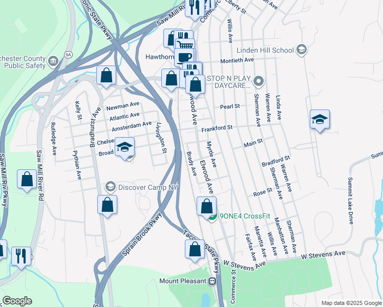 map of restaurants, bars, coffee shops, grocery stores, and more near 256 Brady Avenue in Hawthorne