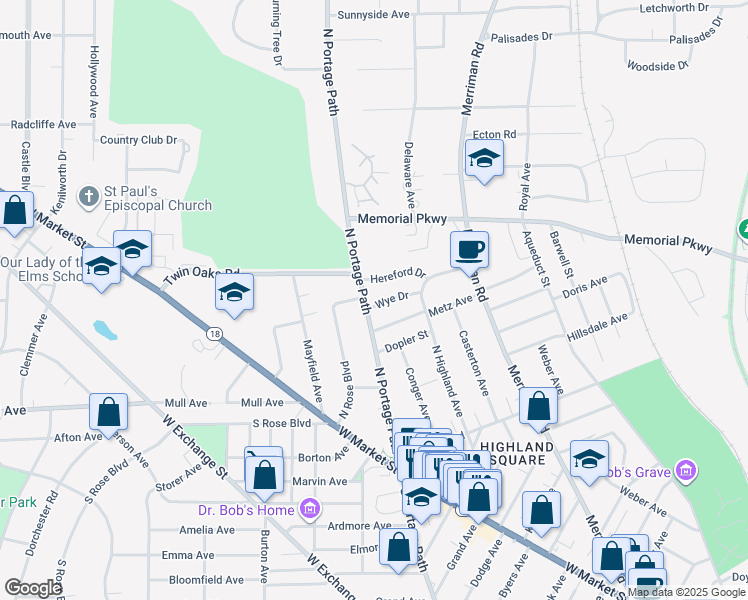 map of restaurants, bars, coffee shops, grocery stores, and more near 201 North Portage Path in Akron