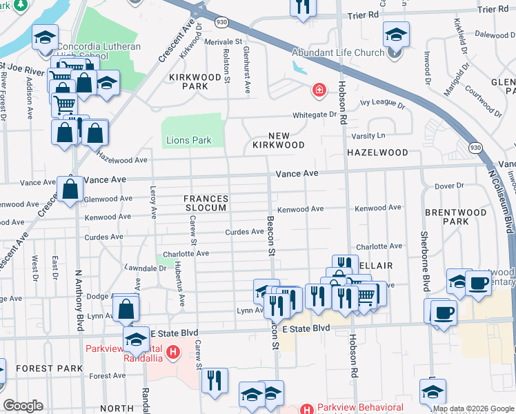map of restaurants, bars, coffee shops, grocery stores, and more near 2715 Kenwood Avenue in Fort Wayne
