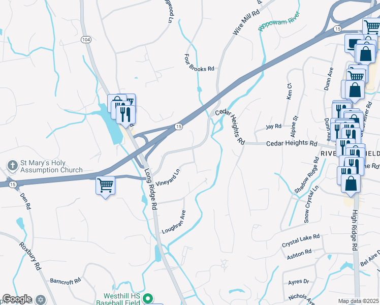 map of restaurants, bars, coffee shops, grocery stores, and more near 7 Hunting Lane in Stamford