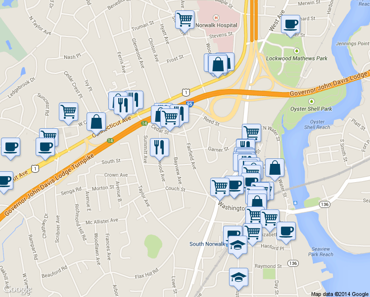 map of restaurants, bars, coffee shops, grocery stores, and more near 46 Fairfield Avenue in Norwalk