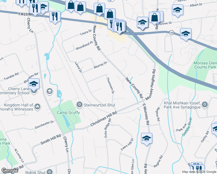 map of restaurants, bars, coffee shops, grocery stores, and more near 11 Thomsen Drive in Airmont
