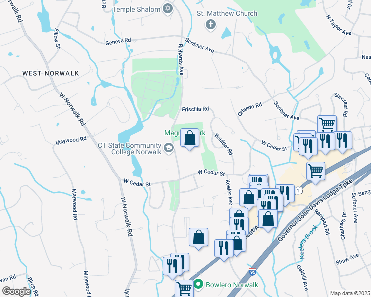 map of restaurants, bars, coffee shops, grocery stores, and more near 188 Richards Avenue in Norwalk