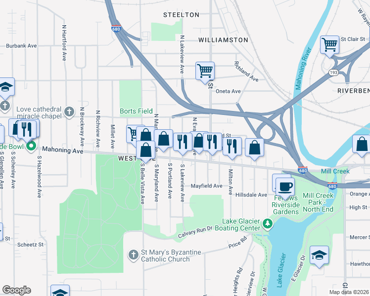 map of restaurants, bars, coffee shops, grocery stores, and more near 25 North Lakeview Avenue in Youngstown
