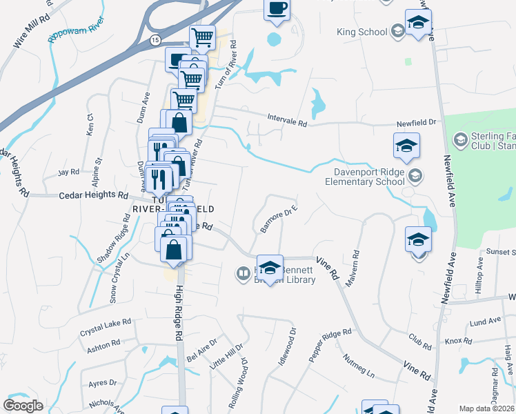 map of restaurants, bars, coffee shops, grocery stores, and more near 32 Barmore Drive West in Stamford