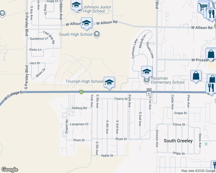 map of restaurants, bars, coffee shops, grocery stores, and more near 1162-1350 W College Dr in Cheyenne