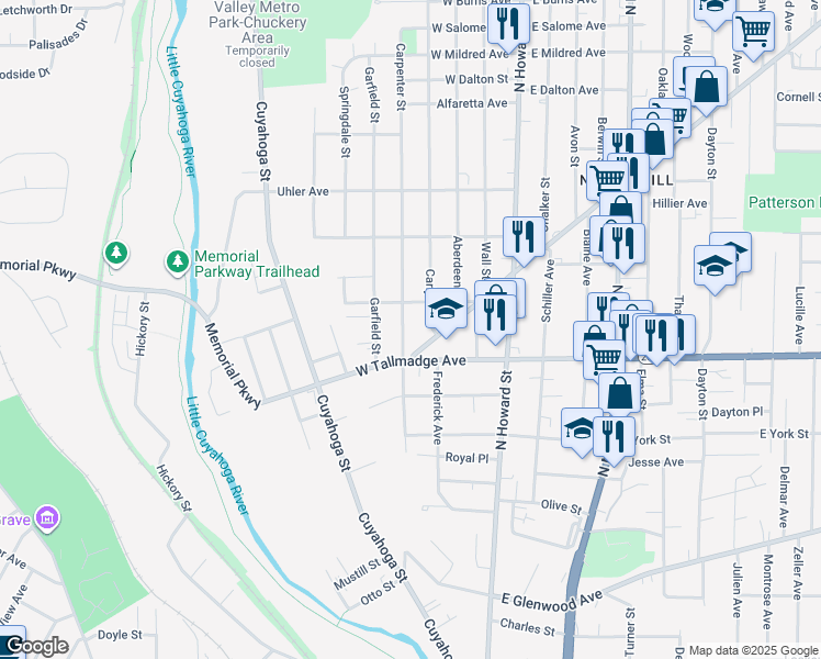 map of restaurants, bars, coffee shops, grocery stores, and more near 639 Carpenter St in Akron