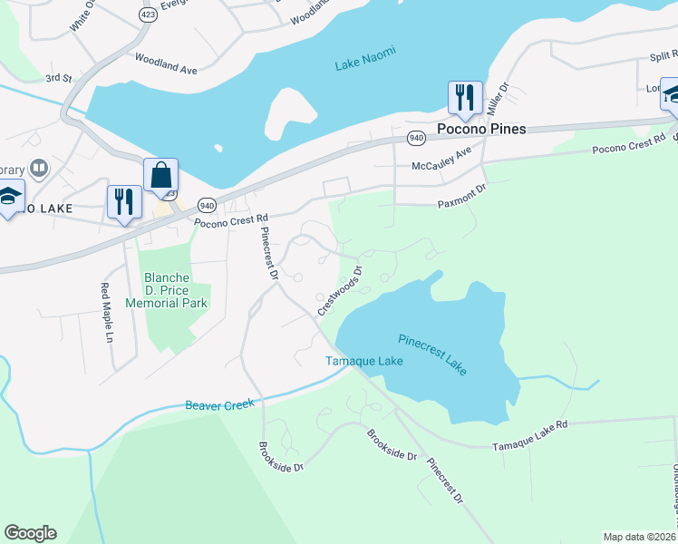 map of restaurants, bars, coffee shops, grocery stores, and more near 523 Rondaxe Lane in Pocono Pines