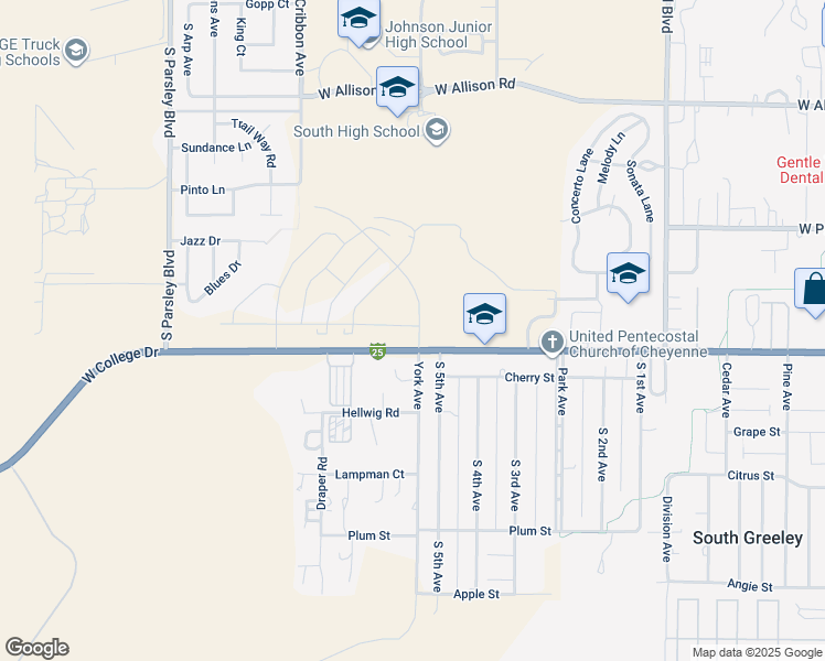 map of restaurants, bars, coffee shops, grocery stores, and more near 1400-1524 West College Drive in Cheyenne