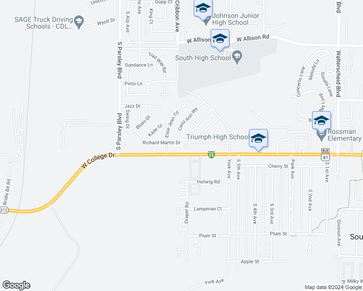 map of restaurants, bars, coffee shops, grocery stores, and more near 1611B West College Drive in Cheyenne