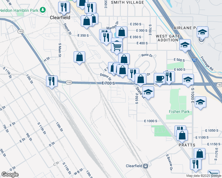 map of restaurants, bars, coffee shops, grocery stores, and more near 444 East 700 South in Clearfield