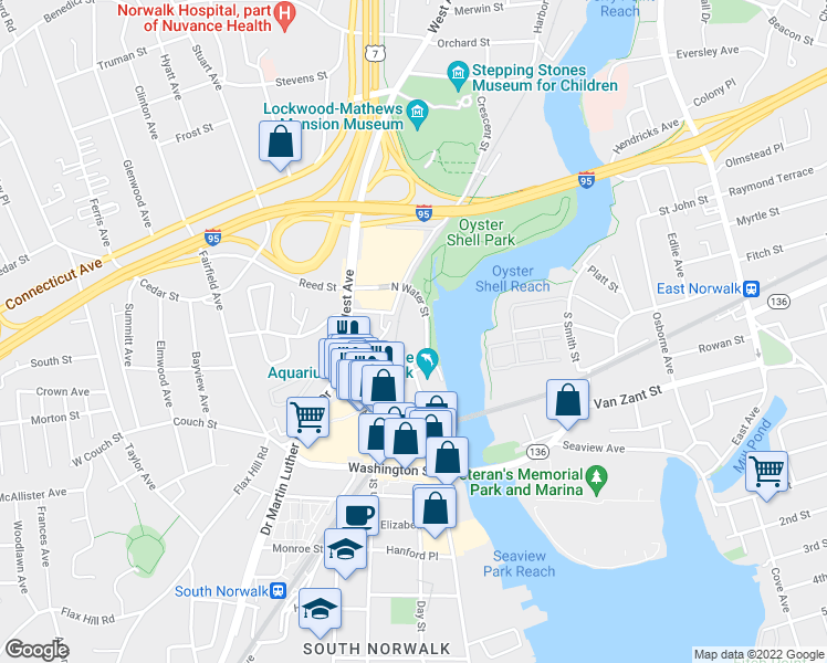 map of restaurants, bars, coffee shops, grocery stores, and more near 33 North Water Street in Norwalk