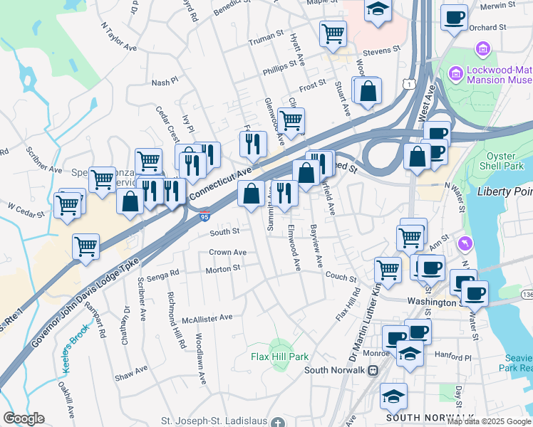 map of restaurants, bars, coffee shops, grocery stores, and more near 12 Summitt Avenue in Norwalk
