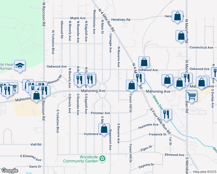 map of restaurants, bars, coffee shops, grocery stores, and more near 15 North Wickliffe Circle in Youngstown