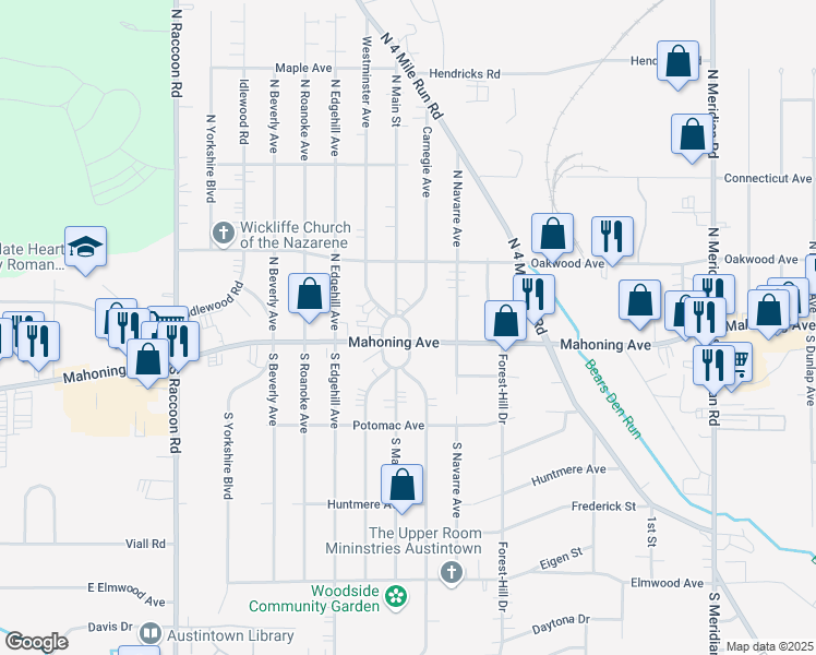 map of restaurants, bars, coffee shops, grocery stores, and more near 15 North Wickliffe Circle in Youngstown