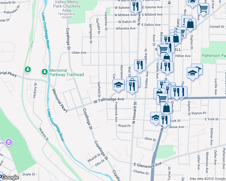 map of restaurants, bars, coffee shops, grocery stores, and more near 639 Carpenter Street in Akron