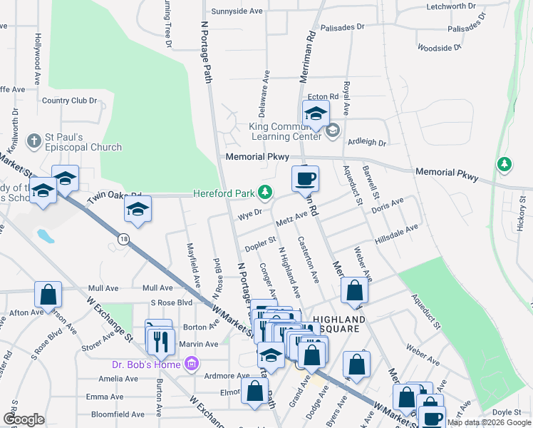 map of restaurants, bars, coffee shops, grocery stores, and more near 255 North Highland Avenue in Akron