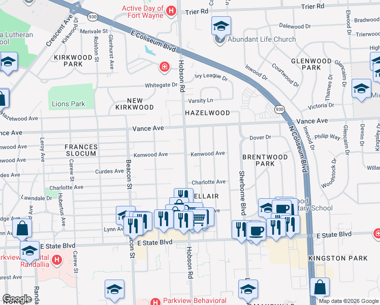 map of restaurants, bars, coffee shops, grocery stores, and more near 3227 Kenwood Avenue in Fort Wayne