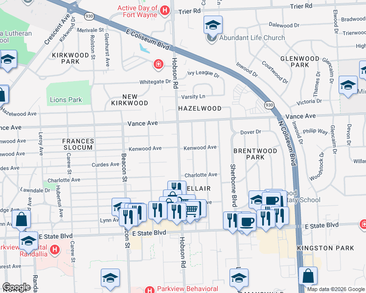 map of restaurants, bars, coffee shops, grocery stores, and more near 3227 Kenwood Avenue in Fort Wayne