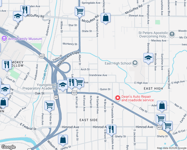 map of restaurants, bars, coffee shops, grocery stores, and more near 1207 Grandview Avenue in Youngstown