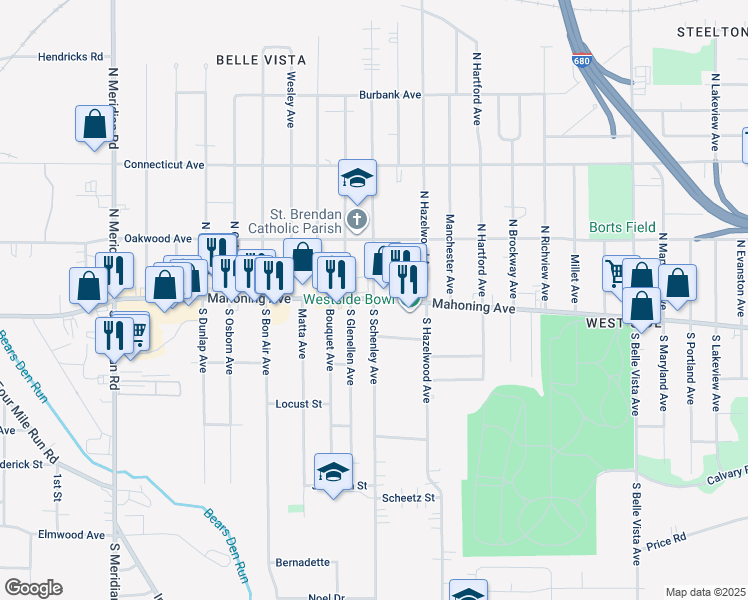 map of restaurants, bars, coffee shops, grocery stores, and more near 1 South Schenley Avenue in Youngstown