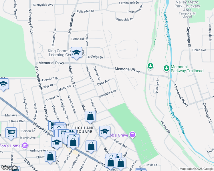map of restaurants, bars, coffee shops, grocery stores, and more near 472 Kathleen St in Akron