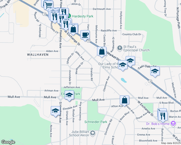 map of restaurants, bars, coffee shops, grocery stores, and more near 146 Grandin Rd in Akron