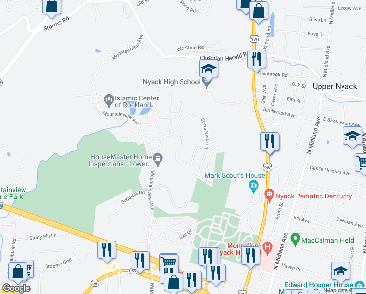 map of restaurants, bars, coffee shops, grocery stores, and more near 382 Sierra Vista Lane in Valley Cottage