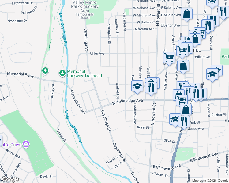 map of restaurants, bars, coffee shops, grocery stores, and more near 650 Garfield St in Akron