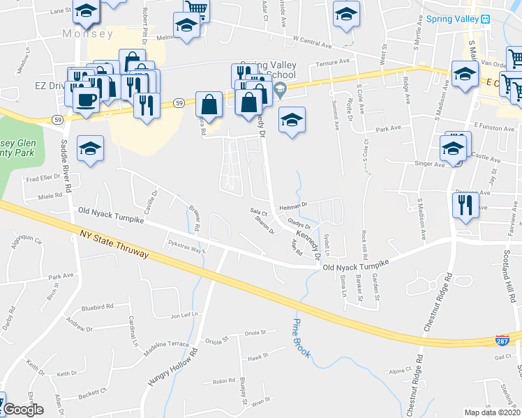 map of restaurants, bars, coffee shops, grocery stores, and more near 16 Sala Court in Spring Valley