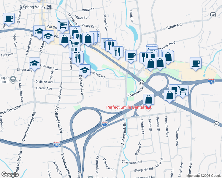 map of restaurants, bars, coffee shops, grocery stores, and more near 67 Pipetown Hill Road in Nanuet