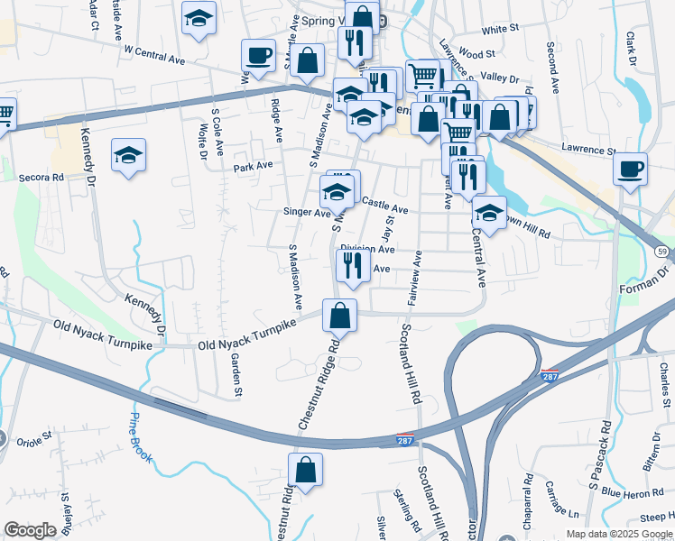 map of restaurants, bars, coffee shops, grocery stores, and more near 126 South Main Street in Spring Valley