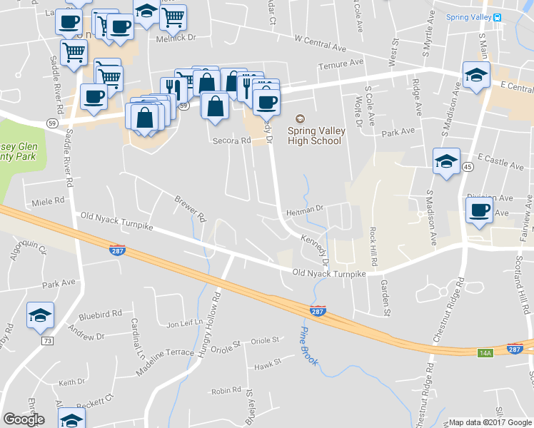 map of restaurants, bars, coffee shops, grocery stores, and more near 18 Sala Court in Spring Valley