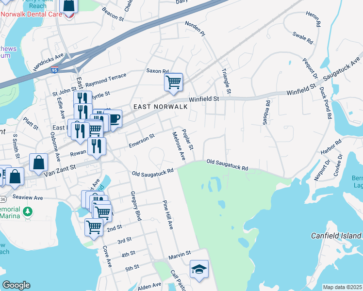 map of restaurants, bars, coffee shops, grocery stores, and more near 18 Melrose Avenue in Norwalk